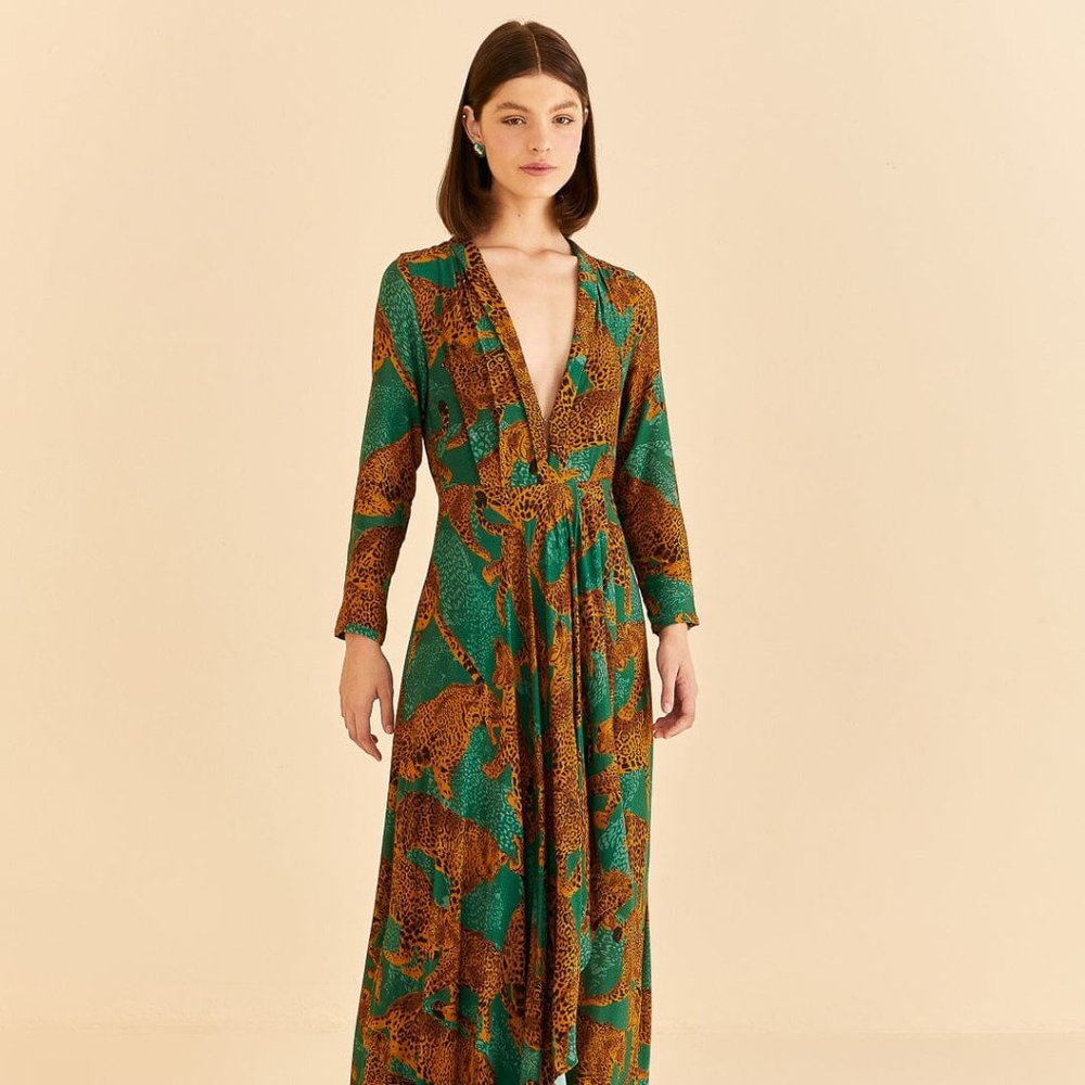 NWT Farm Rio Green Artsy Leopards Long Sleeve Maxi Dress